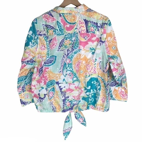 CHICO’S Shacket Top Button Front Tie Front No Iron Floral Tropical Size 16 XL - Picture 3 of 12